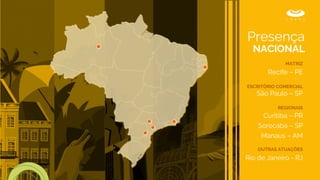 MATRIZ
Recife – PE
ESCRITÓRIO COMERCIAL
São Paulo – SP
REGIONAIS
Curitiba – PR
Sorocaba – SP
Manaus – AM
OUTRAS ATUAÇÕES
Rio de Janeiro - RJ
Presença
NACIONAL
 