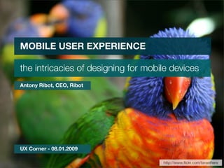 MOBILE USER EXPERIENCE

the intricacies of designing for mobile devices
Antony Ribot, CEO, Ribot




UX Corner - 08.01.2009

                                     http://www.ﬂickr.com/taraethers
 