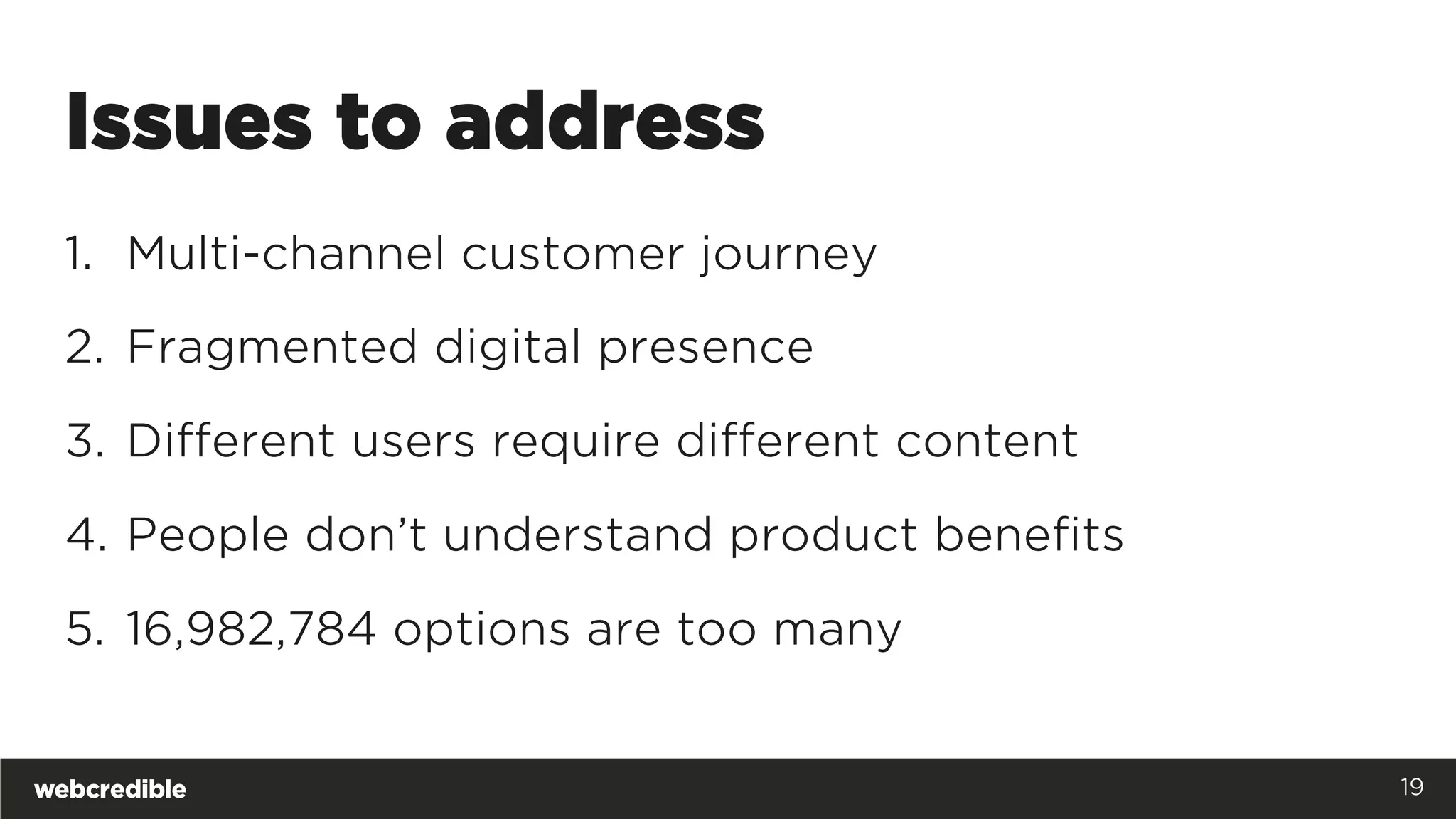 Issues to address
1.  Multi-channel customer journey
2.  Fragmented digital presence
3.  Different users require different content
4.  People don’t understand product benefits
5.  16,982,784 options are too many
19
 