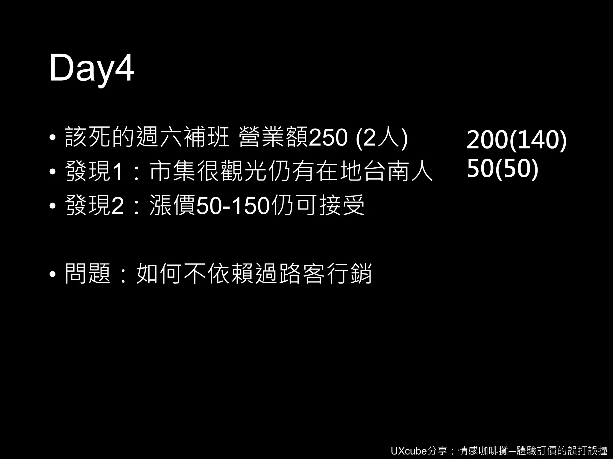 UXcube分享：情感咖啡攤─體驗訂價的誤打誤撞
Day4
• 該死的週六補班 營業額250 (2人)
• 發現1：市集很觀光仍有在地台南人
• 發現2：漲價50-150仍可接受
• 問題：如何不依賴過路客行銷
200(140)
50(50)
 