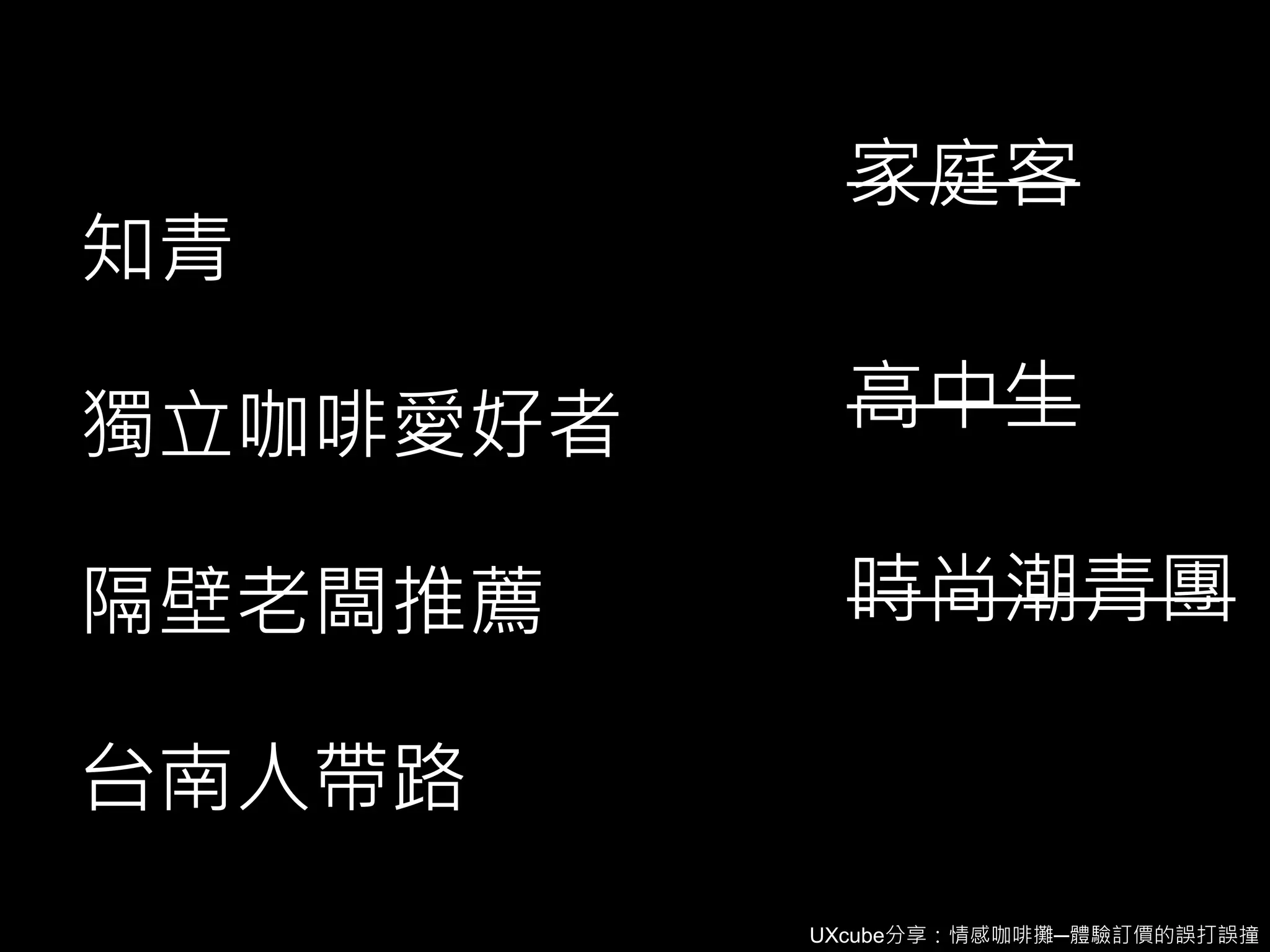 UXcube分享：情感咖啡攤─體驗訂價的誤打誤撞
家庭客
時尚潮青團
獨立咖啡愛好者 高中生
隔壁老闆推薦
知青
台南人帶路
 