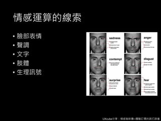 UXcube分享：情感咖啡攤─體驗訂價的誤打誤撞
情感運算的線索
• 臉部表情
• 聲調
• 文字
• 肢體
• 生理訊號
 