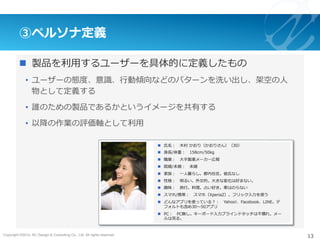 Copyright ©2015, NC Design & Consulting Co., Ltd. All rights reserved.
③ペルソナ定義
n  製品を利⽤するユーザーを具体的に定義したもの
•  ユーザーの態度、意識、⾏動傾向などのパターンを洗い出し、架空の⼈
物として定義する
•  誰のための製品であるかというイメージを共有する
•  以降の作業の評価軸として利⽤
13
 