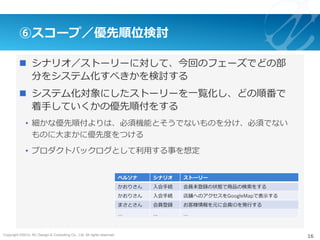 Copyright ©2015, NC Design & Consulting Co., Ltd. All rights reserved.
⑥スコープ／優先順位検討
n  シナリオ／ストーリーに対して、今回のフェーズでどの部
分をシステム化すべきかを検討する
n  システム化対象にしたストーリーを⼀覧化し、どの順番で
着⼿していくかの優先順付をする
•  細かな優先順付よりは、必須機能とそうでないものを分け、必須でない
ものに⼤まかに優先度をつける
•  プロダクトバックログとして利⽤する事を想定
16
ペルソナ シナリオ ストーリー
かおりさん ⼊会⼿続 会員未登録の状態で商品の検索をする
かおりさん ⼊会⼿続 店舗へのアクセスをGoogleMapで表⽰する
まさとさん 会員登録 お客様情報を元に会員IDを発⾏する
… … …
 