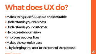 WhatdoesUXdo?
-WhatdoesUXdo?
‣Makes things useful, usable and desirable
‣Understands your business
‣Understands your customer
‣Helps create your vision
‣Improves peoples lives
‣Makes the complex easy
‣… by bringing the user to the core of the process
 