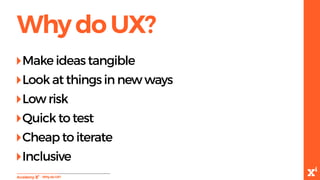 WhydoUX?
-WhydoUX?
‣Make ideas tangible
‣Look at things in new ways
‣Low risk
‣Quick to test
‣Cheap to iterate
‣Inclusive
 