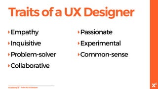 TraitsofaUXDesigner
-TraitsofaUXDesigner
‣Empathy
‣Inquisitive
‣Problem-solver
‣Collaborative
‣Passionate
‣Experimental
‣Common-sense
 