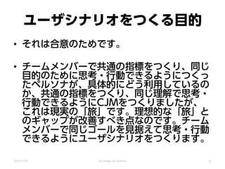 ユーザシナリオをつくる目的
• それは合意のためです。
• チームメンバーで共通の指標をつくり、同じ
目的のために思考・行動できるようにつくっ
たペルソナが、具体的にどう利用しているの
か、共通の指標をつくり、同じ理解で思考・
行動できるようにCJMをつくりましたが、
これは現実の「旅」です。理想的な「旅」と
のギャップが改善すべき点なのです。チーム
メンバーで同じゴールを見据えて思考・行動
できるようにユーザシナリオをつくります。
2014/3/24 UX Design for mothers 32
 