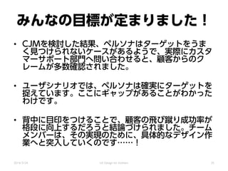みんなの目標が定まりました！
• CJMを検討した結果、ペルソナはターゲットをうま
く見つけられないケースがあるようで、実際にカスタ
マーサポート部門へ問い合わせると、顧客からのク
レームが多数確認されました。
• ユーザシナリオでは、ペルソナは確実にターゲットを
捉えています。ここにギャップがあることがわかった
わけです。
• 背中に目印をつけることで、顧客の飛び蹴り成功率が
格段に向上するだろうと結論づけられました。チーム
メンバーは、その実現のために、具体的なデザイン作
業へと突入していくのです……！
2014/3/24 UX Design for mothers 35
 
