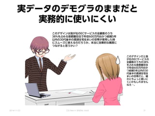 実データのデモグラのままだと
実務的に使いにくい
2014/11/22 CSS Nite in SENDAI, Vol.8 31
このデザインは我が社のECサービスの全顧客のうち
38%を占める首都圏在住で年収600万円台かつ結婚5年
以内の30代後半の賃貸住宅住まいの世帯が使用した時
にスムーズに使えるのだろうか。本当に効果的な購買に
つながると思うかい？
このデザインだと我
が社のECサービスの
全顧客のうちの38%
を占める首都圏在住
で年収600万円台か
つ結婚5年以内の30
代後半の賃貸住宅住
まいの世帯だと、確
かにちょっと使いに
くいかもしれません
ねえ…。
 