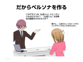 だからペルソナを作る
2014/11/22 CSS Nite in SENDAI, Vol.8 32
このデザインは「山田くん」にとってい
いものだろうか？ 「山田くん」は効果
的な購買をするだろうか？
確かに、「山田さん」にはとっつきに
くいデザインかもしれませんねえ。
 