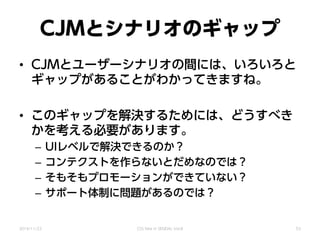 CJMとシナリオのギャップ
• CJMとユーザーシナリオの間には、いろいろと
ギャップがあることがわかってきますね。
• このギャップを解決するためには、どうすべき
かを考える必要があります。
– UIレベルで解決できるのか？
– コンテクストを作らないとだめなのでは？
– そもそもプロモーションができていない？
– サポート体制に問題があるのでは？
2014/11/22 CSS Nite in SENDAI, Vol.8 53
 