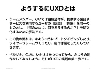 ようするにUXDとは
• チームメンバー、ひいては組織全体が、提供する製品や
サービスを利用するユーザの「認識」「理解」を同一の
ものとし、「何のために、何をどうするのか？」を明文
化するための手法です。
• この後の流れは、まあふつうにプロトタイピングしたり、
ワイヤーフレームつくったり、制作作業をしたりしてい
きます。
• ペルソナ、CJM、シナリオをつくってから、ふつうの制
作をしてみましょう。それがUXDの実践の第一歩です。
2014/11/22 CSS Nite in SENDAI, Vol.8 54
 