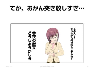 てか、おかん突き放しすぎ…
こ
の
人
……
さ
っ
き
か
ら
何
の
話
を
し
て
る
の
？
今
夜
の
献
立
ど
う
し
よ
う
か
し
ら
2014/11/22 CSS Nite in SENDAI, Vol.8 57
 