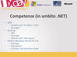 WEBASP.NET AJAX  HTML5 + CSS3SilverlightDesktopWPFSilverlightUXGuide.pdf (~900 pagine)Mobile (Windows Phone OS 7.0)SilverlightXNA (Giochi)UI Design and Interaction GuideCompetenze (in ambito .NET)