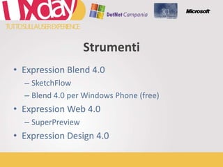 Expression Blend 4.0SketchFlowBlend 4.0 per Windows Phone (free)Expression Web 4.0SuperPreviewExpression Design 4.0Strumenti