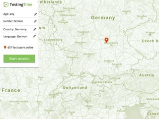 Age: any
Gender: female
Country: Germany
Start session
Language: German
657 test users online
 