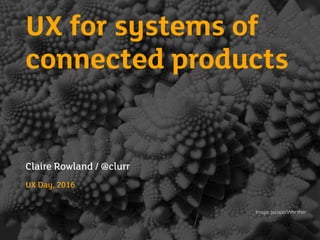UX for systems of
connected products
Claire Rowland / @clurr
UX Day, 2016
Image: Jacopo Werther
 