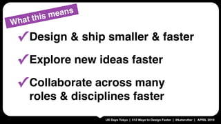 UX Days Tokyo | 512 Ways to Design Faster | @katerutter | APRIL 2015
What this means
✓Design & ship smaller & faster
✓Explore new ideas faster
✓Collaborate across many
roles & disciplines faster
 