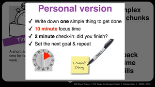 UX Days Tokyo | 512 Ways to Design Faster | @katerutter | APRIL 2015
✓ Break down complex
tasks into small chunks
✓ Deadlines =
hyperfocus!
✓ Immediate feedback
improves your time
management skills
Timebox
A short, set period of
time for fast-focused
work.
✓ Write down one simple thing to get done
✓ 10 minute focus time
✓ 2 minute check-in: did you ﬁnish?
✓ Set the next goal & repeat
1 small
thing
Personal version
 