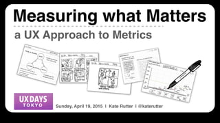 UX Days Tokyo | Measuring What Matters | @katerutter | APRIL 19, 2015
a UX Approach to Metrics
Measuring what Matters
Sunday, April 19, 2015 | Kate Rutter | @katerutter
 