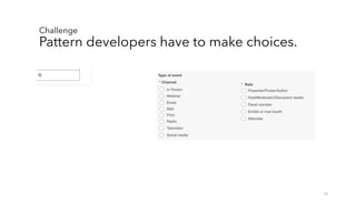 15
Challenge
Pattern developers have to make choices.
 