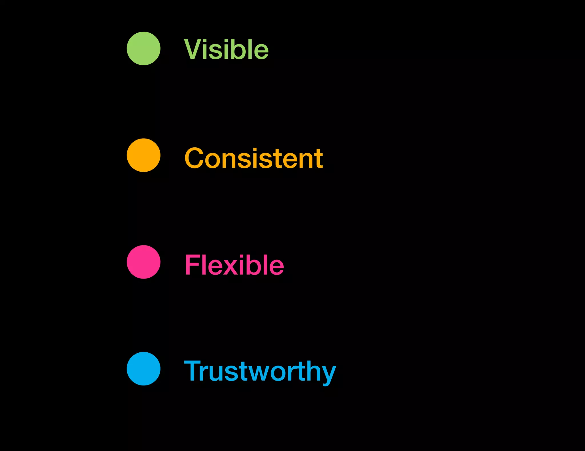 Visible


Consistent


Flexible


Trustworthy
 