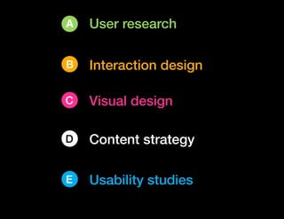 A   User research

B   Interaction design

C   Visual design

D   Content strategy

E   Usability studies
 