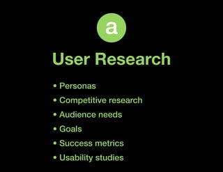 a
User Research
• Personas
• Competitive research
• Audience needs
• Goals
• Success metrics
• Usability studies
 