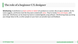 TheroleofabeginnerUXdesigner
Dr
.CMNadeemFaisal www.hci.uniovi.es/en-members.htm 28
Wireframing: A wireframe is a basic outline or sketch of a product or a screen, like an app or website. As the
name suggests, wireframes look like they were created with wires. They’re mostly lines and shapes, with
some text. Wireframes can be drawn by hand or created digitally using software. Wireframing helps you bring
your design ideas to life, so other people on your team can provide input and feedback.
 
