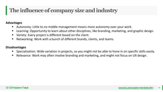 Theinfluenceofcompanysizeandindustry
Dr
.CMNadeemFaisal www.hci.uniovi.es/en-members.htm 48
Advantages
 Autonomy: Little to no middle management means more autonomy over your work.
 Learning: Opportunity to learn about other disciplines, like branding, marketing, and graphic design.
 Variety: Every project is different based on the client.
 Networking: Work with a bunch of different brands, clients, and teams.
Disadvantages
 Specialization: Wide variation in projects, so you might not be able to hone in on specific skills easily.
 Relevance: Work may often involve branding and marketing, and might not focus on UX design.
 