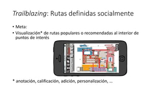 Trailblazing: Rutas definidas socialmente
• Meta:
• Visualización* de rutas populares o recomendadas al interior de
puntos de interés
* anotación, calificación, adición, personalización, …
 