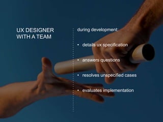 UX DESIGNER
WITH A TEAM
during development:
• details ux specification
• answers questions
• resolves unspecified cases
• evaluates implementation
 