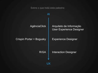 Sobre o que trata esta palestra:

                           AI



           AgênciaClick         Arquiteto de Informação
                                User Experience Designer


Crispin Porter + Bogusky        Experience Designer



                   R/GA         Interaction Designer



                           UX
 