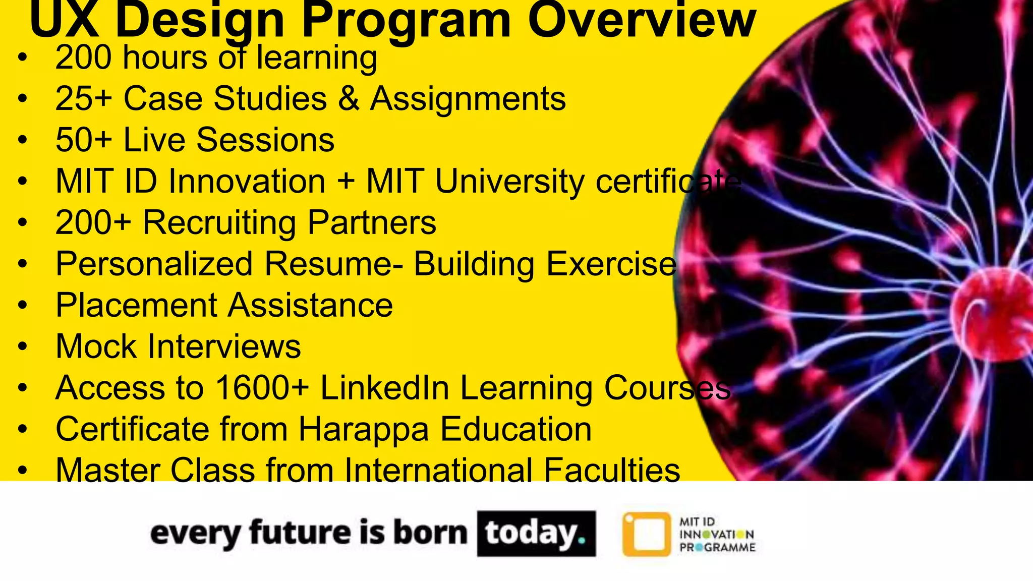 • 200 hours of learning
• 25+ Case Studies & Assignments
• 50+ Live Sessions
• MIT ID Innovation + MIT University certificate
• 200+ Recruiting Partners
• Personalized Resume- Building Exercise
• Placement Assistance
• Mock Interviews
• Access to 1600+ LinkedIn Learning Courses
• Certificate from Harappa Education
• Master Class from International Faculties
UX Design Program Overview
 