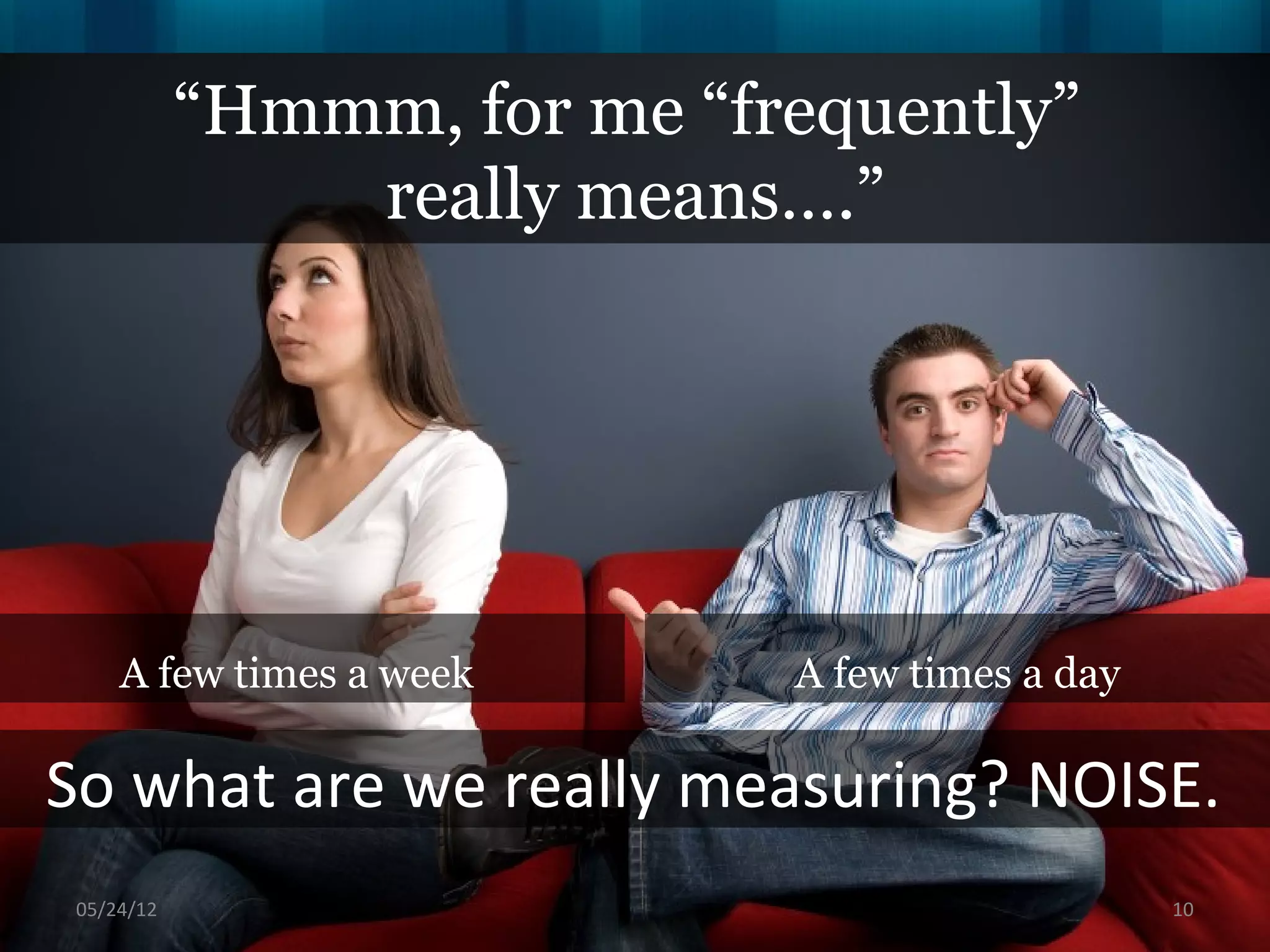 “Hmmm, for me “frequently”
                really means….”




     A few times a week      A few times a day

So what are we really measuring? NOISE.
 06/16/12                                        10
 