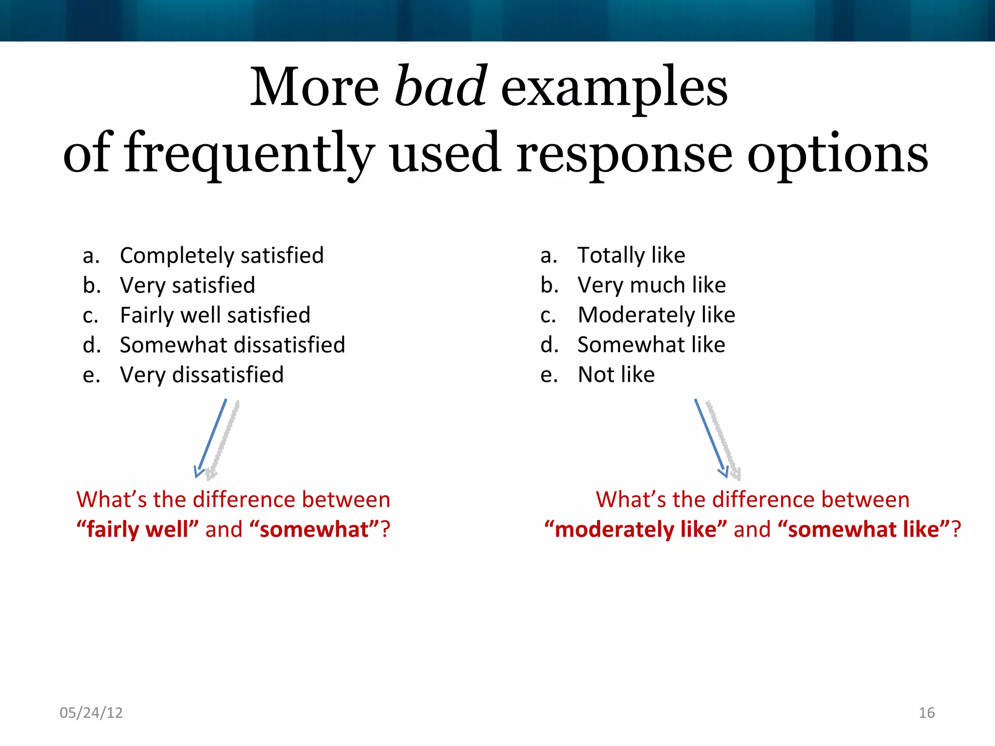 More bad examples
of frequently used response options
  a.   Completely satisfied       a.   Totally like
  b.   Very satisfied             b.   Very much like
  c.   Fairly well satisfied      c.   Moderately like
  d.   Somewhat dissatisfied      d.   Somewhat like
  e.   Very dissatisfied          e.   Not like




  What’s the difference between       What’s the difference between
  “fairly well” and “somewhat”?   “moderately like” and “somewhat like”?




06/16/12                                                            16
 