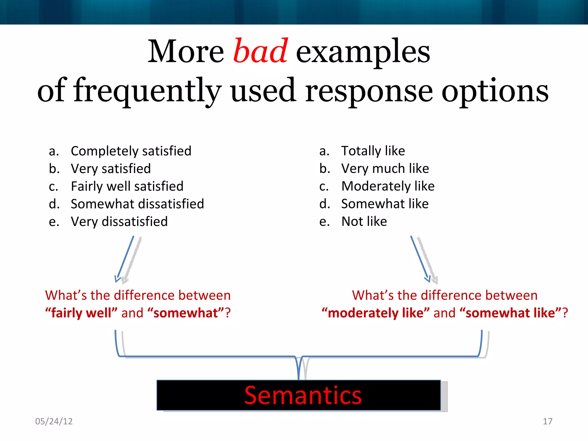 More bad examples
of frequently used response options
  a.   Completely satisfied            a.   Totally like
  b.   Very satisfied                  b.   Very much like
  c.   Fairly well satisfied           c.   Moderately like
  d.   Somewhat dissatisfied           d.   Somewhat like
  e.   Very dissatisfied               e.   Not like




  What’s the difference between            What’s the difference between
  “fairly well” and “somewhat”?        “moderately like” and “somewhat like”?




                                  Semantics
06/16/12                                                                 17
 