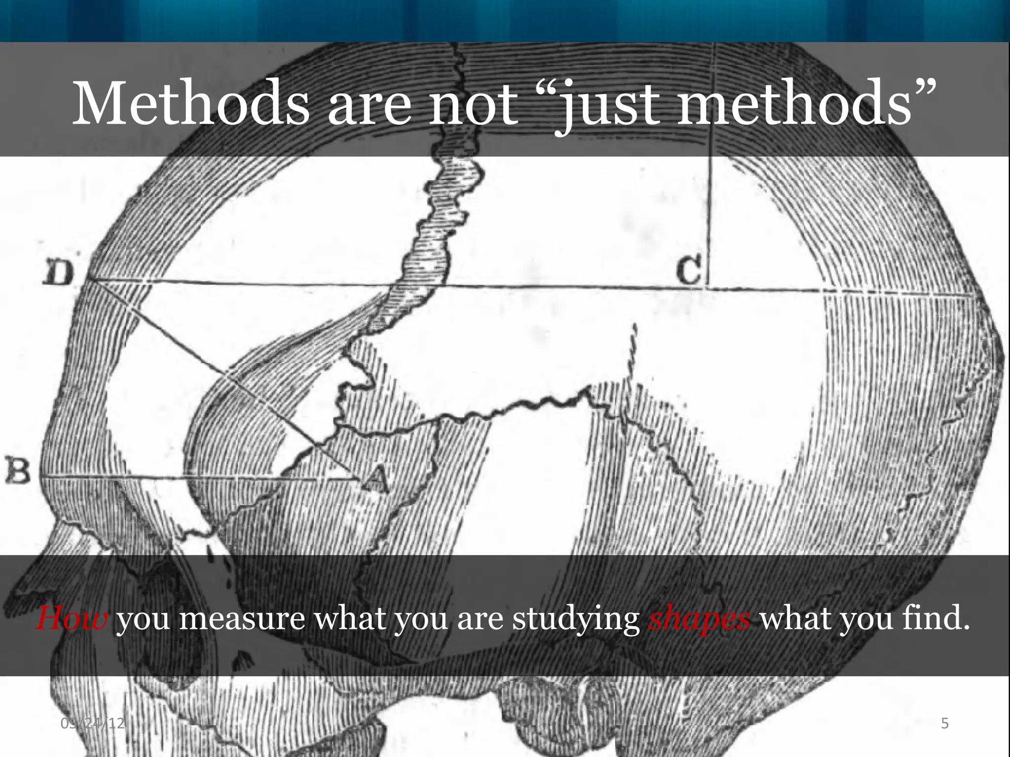 Methods are not “just methods”




How you measure what you are studying shapes what you find.

 06/16/12                                                5
 