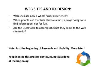 • Web sites are now a whole “user experience”!
• When people use the Web, they're almost always doing so to
find information, not for fun.
• Are the users' able to accomplish what they came to the Web
site to do?
Note: Just the beginning of Research and Usability. More later!
Keep in mind this process continues, not just done
at the beginning!
WEB SITES AND UX DESIGN:
 