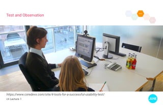 UX Lecture 1
Test and Observation
https://www.coredevx.com/site/4-tools-for-a-successful-usability-test/
 