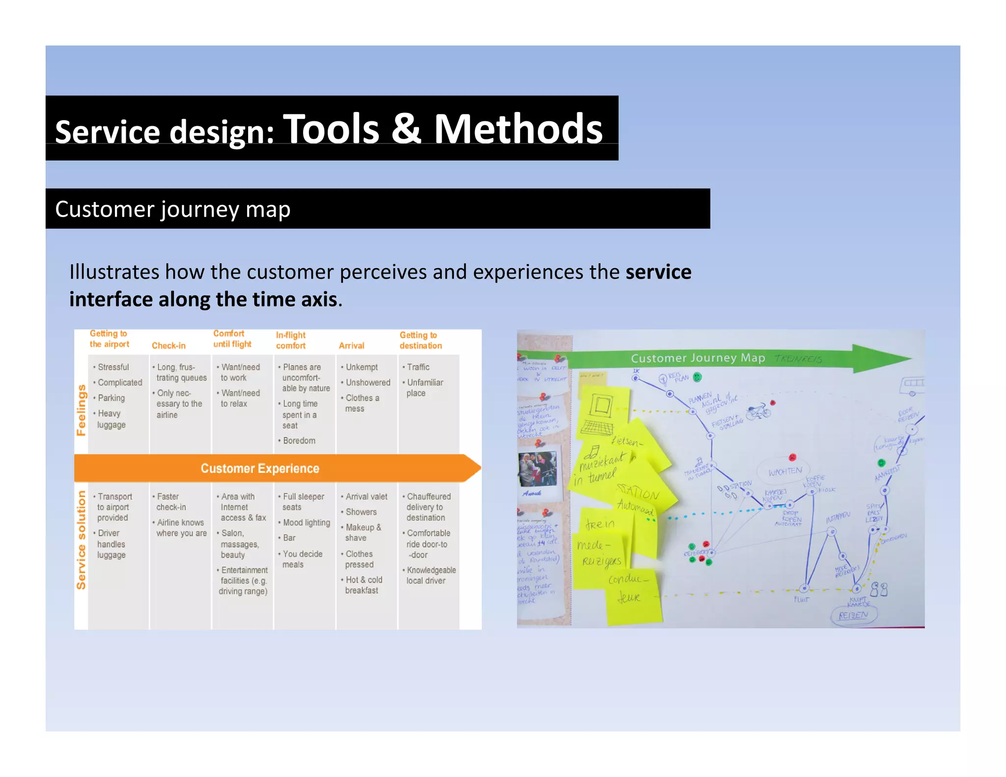 Service design: Tools & Methods
            g

Customer journey map

 Illustrates how the customer perceives and experiences the service 
 interface along the time axis.
 