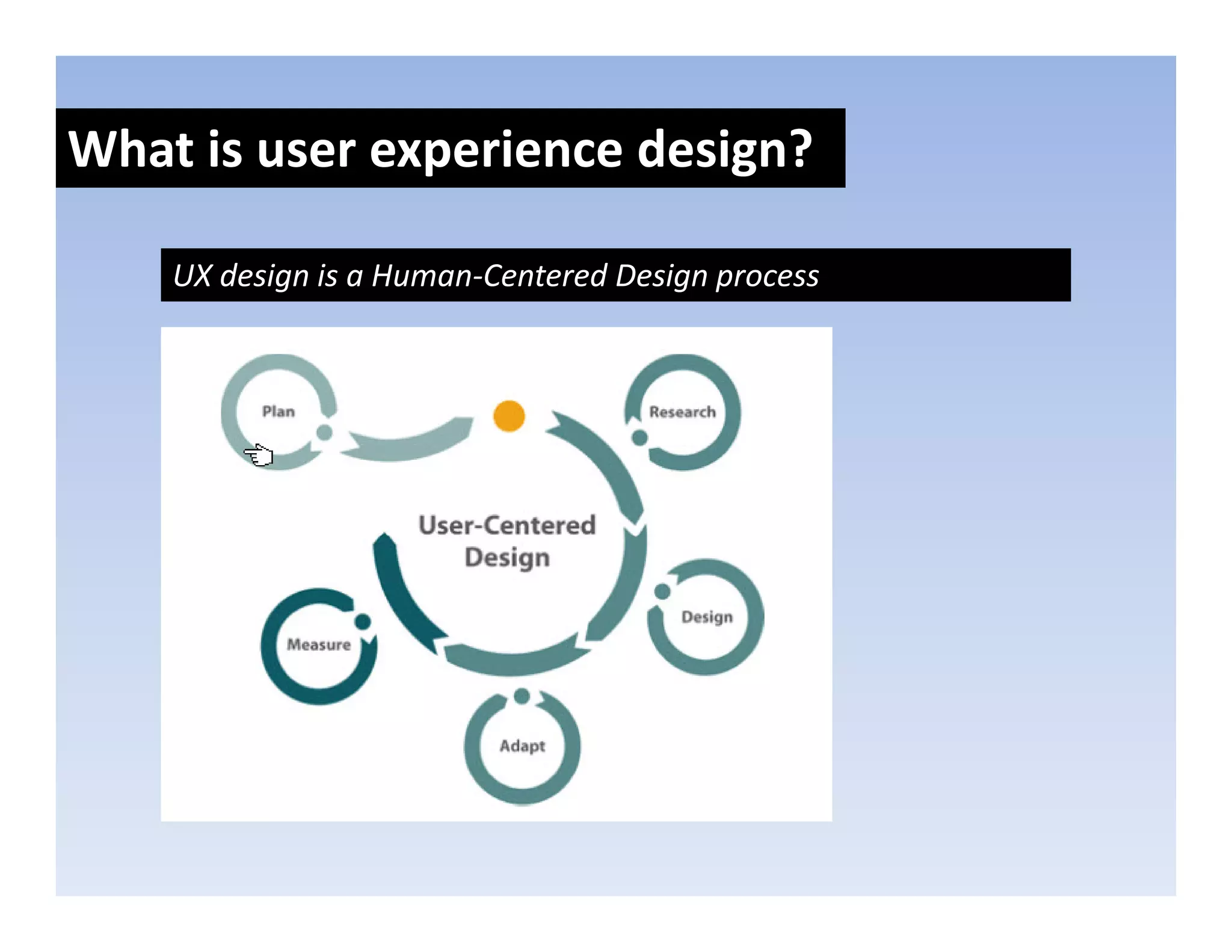 What is user experience design?
               p            g

    UX design is a Human‐Centered Design process
 