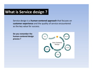 What is Service design ?
                    g
    Service design is a human‐centered approach that focuses on 
    customer experience and the quality of service encountered 
    as the key value for success.


    Do you remember the 
    human‐centered design 
    process ?
 