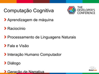 Globalcode – Open4education
Computação Cognitiva
Aprendizagem de máquina
Raciocínio
Processamento de Linguagens Naturais
Fala e Visão
Interação Humano Computador
Diálogo
Geração de Narrativa
 