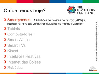 Globalcode – Open4education
O que temos hoje?
Smartphones - 1.6 bilhões de devices no mundo (2015) e
representa 78% das vendas de celulares no mundo | Gartner*
Tablets
Computadores
Smart Watch
Smart TVs
Kinect
Interfaces Reativas
Internet das Coisas
Robótica
http://www.gartner.com/newsroom/id/3270418
 