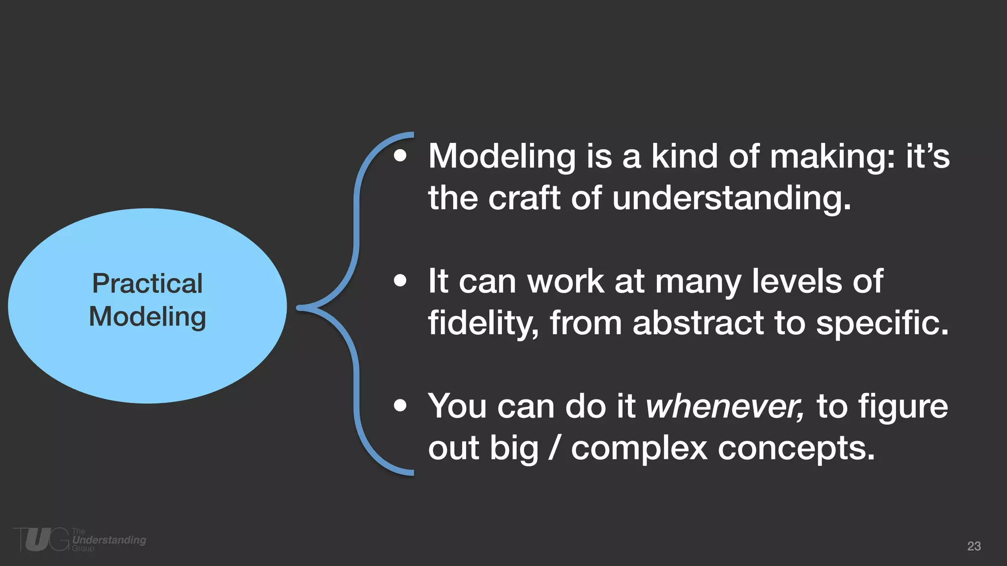 23
• Modeling is a kind of making: it’s
the craft of understanding.
• It can work at many levels of
fidelity, from abstract to specific.
• You can do it whenever, to figure
out big / complex concepts.
Practical
Modeling
 