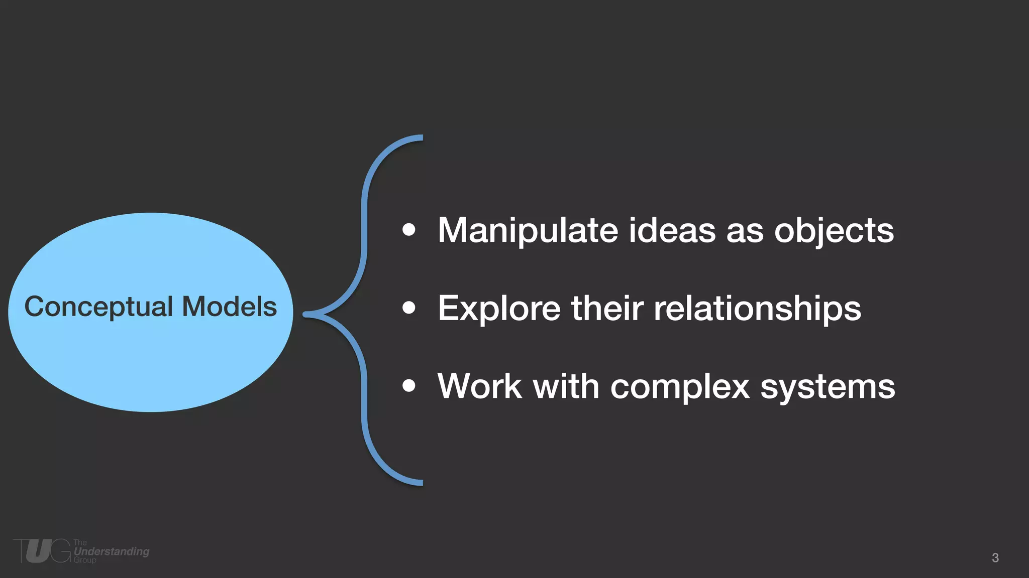 3
• Manipulate ideas as objects
• Explore their relationships
• Work with complex systems
Conceptual Models
 