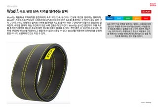 Woolf, 속도 위반 단속 지역을 알려주는 팔찌
Woolf는 자동차나 모터사이클 운전자에게 속도 위반 단속 구간이나 건널목 구간을 알려주는 팔찌이다.
Woolf는 스마트폰과 연동되어 스마트폰의 GPS를 이용하여 운전 속도를 측정한다. 운전자가 속도 위반 단
속 구간이나 속도 카메라가 설치된 지역에 들어서면 속도를 줄여야 하는 구간에서부터 팔찌의 진동으로 알
려준다. 속도를 줄여야 하는 구간에 다가갈 수록 진동수가 많아진다. Woolf는 실시간 운전자의 주행 속도
를 추적하기 때문에 매순간 속도에 대한 경고를 정확히 알려줄 수 있다. 한번 충전 시 3시간이 소요되며, 하
루에 2시간씩 Woolf를 착용한다고 했을 때 15일간 사용할 수 있다. Woolf를 착용하면 모터사이클 운전자
뿐만 아니라, 보행자의 안전도 지킬 수 있다.
속도 위반 단속 지역을 알려주는 팔찌는 사용자로 하여
금 안전 주행을 유도하기 보다는 안심하고 위법을 할
수 있도록 해준다. 실제로 단속 구간만 피하면 사고가
나는 것이 아니다. 주행자나 그 주변의 사람들의 안전
을 위해서는 단속을 피하도록 유도하기보다는 법을 지
키도록 해야하는 것이 맞을 것이다.
worst bad soso good best
source : TheVerge
Wearable
 