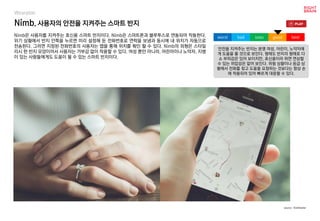 Nimb, 사용자의 안전을 지켜주는 스마트 반지
Nimb은 사용자를 지켜주는 호신용 스마트 반지이다. Nimb은 스마트폰과 블루투스로 연동되어 작동한다.
위기 상황에서 반지 안쪽을 누르면 미리 설정해 둔 전화번호로 연락을 보냄과 동시에 내 위치가 자동으로
전송된다. 그러면 지정된 전화번호의 사용자는 앱을 통해 위치를 확인 할 수 있다. Nimb의 외형은 스타일
리시 한 반지 모양이어서 사용자는 거부감 없이 착용할 수 있다. 여성 뿐만 아니라, 어린아이나 노약자, 지병
이 있는 사람들에게도 도움이 될 수 있는 스마트 반지이다.
안전을 지켜주는 반지는 분명 여성, 어린이, 노약자에
게 도움을 줄 것으로 보인다. 형태도 반지의 형태로 다
소 부피감은 있어 보이지만, 호신용이라 하면 연상할
수 있는 위압감은 없어 보인다. 위험 상황이나 응급 상
황에서 전화를 찾고 도움을 요청하는 것보다는 항상 손
에 착용되어 있어 빠르게 대응할 수 있다.
worst bad soso good best
source : KickStarter
Wearable
 